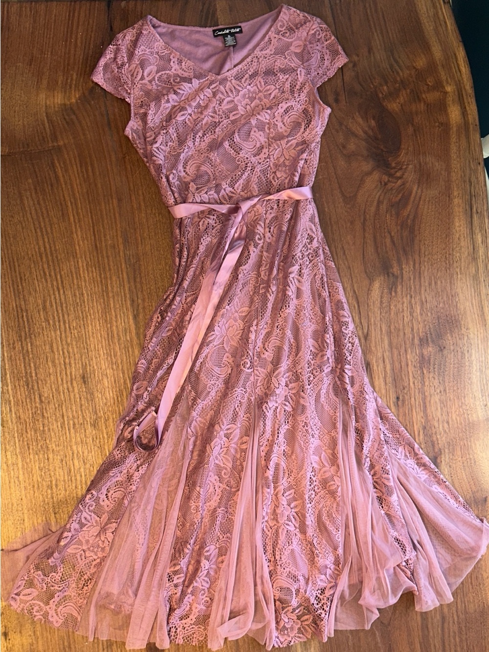 Women's Candalite Petite Lace Filigree Maxi Dress Gown Formal Wedding PL Pink